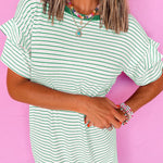 Green Stripe Ruffled Short Sleeve Crew Neck T Shirt Shift Mini Dress