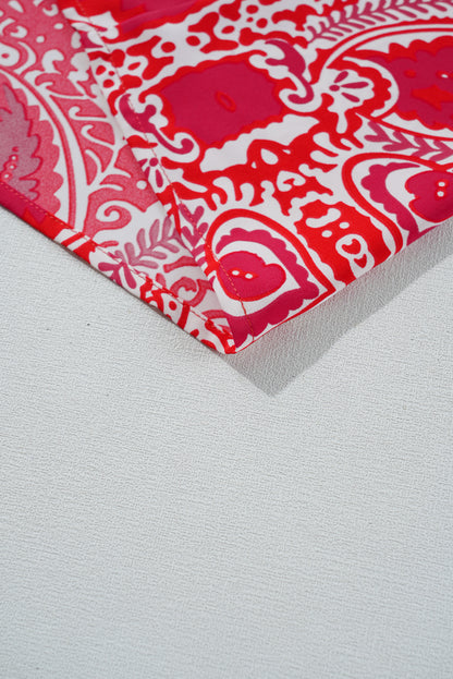 Robe longue rouge à imprimé cachemire, fente latérale, manches bouffantes, taille haute