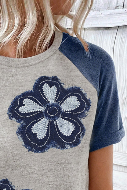 Dark Blue Floral Patchwork Colorblock Raglan Sleeve T Shirt