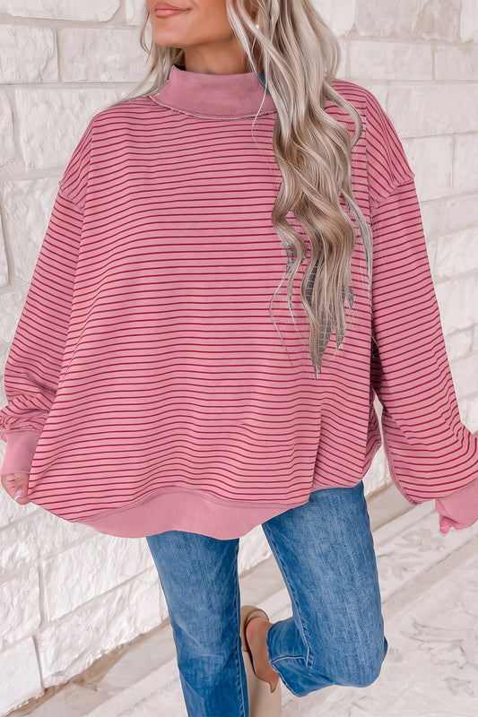 Pink Stripe Ribbed Color Block Mock Neck Oversized Sweatshirt