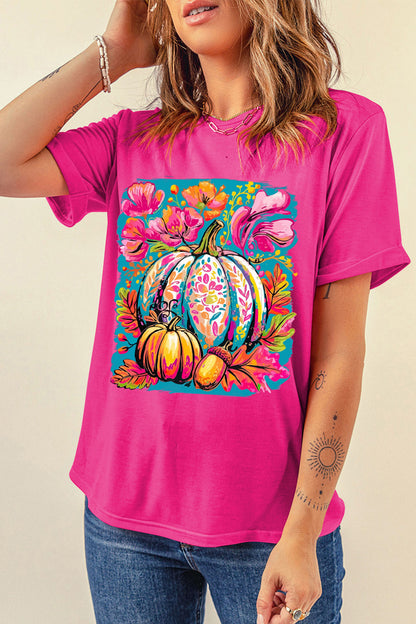 Rose Red Floral Pumpkin Graphic Print Crewneck Relaxed T-Shirt