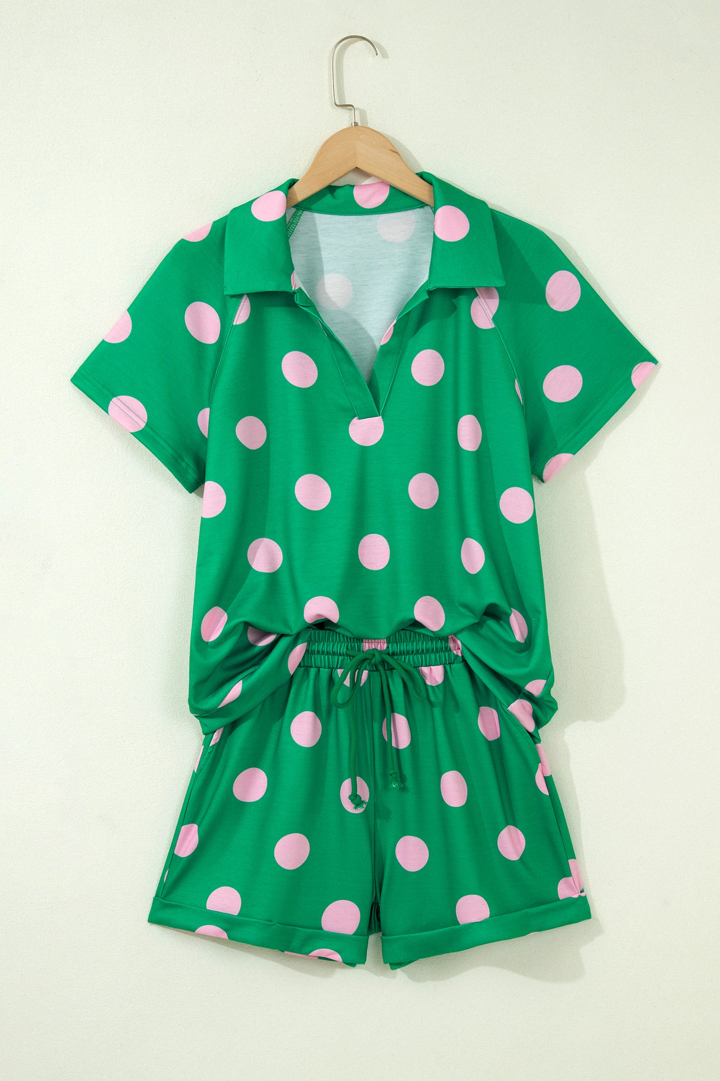 Green Polka Dot Print V Neck Tee Short Set