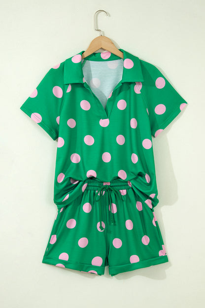 Green Polka Dot Print V Neck Tee Short Set