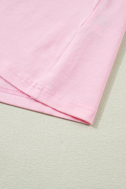 Pink Colorblock Flutter Sleeve Round Neck T Shirt