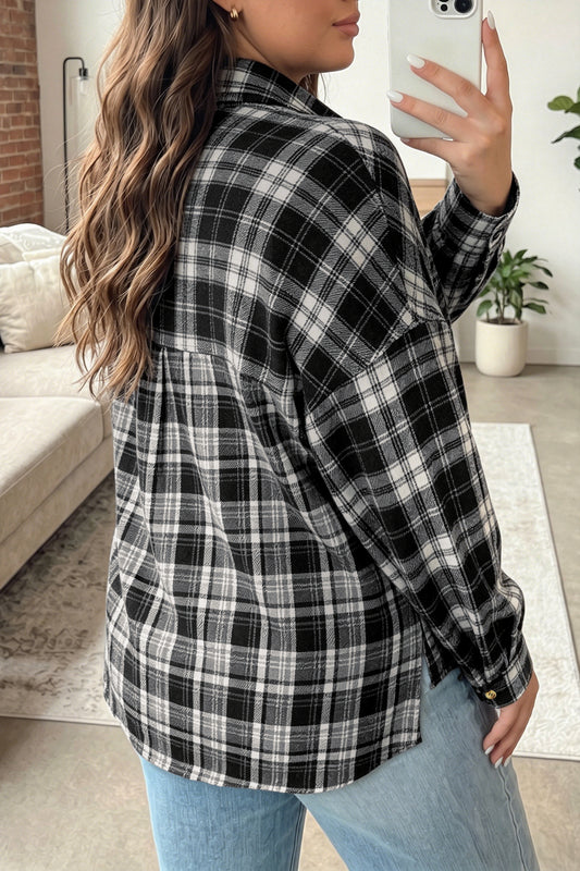 Black Plaid Long Sleeve V Neck Shift Plus Size Shirt Jacket