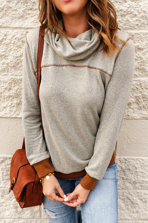 Patchwork Cowl Neck Long Sleeve Top