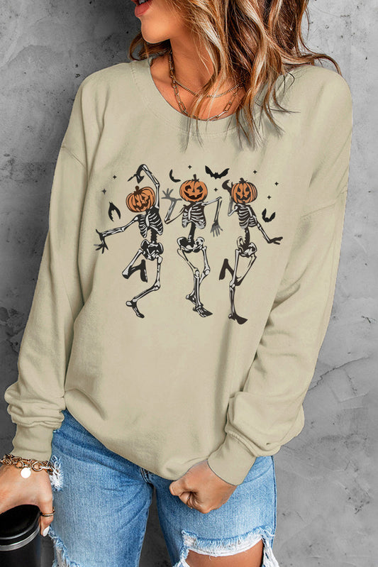 Khaki Pumpkin Skull Graphic Plain Crew Neck Sweatshirt