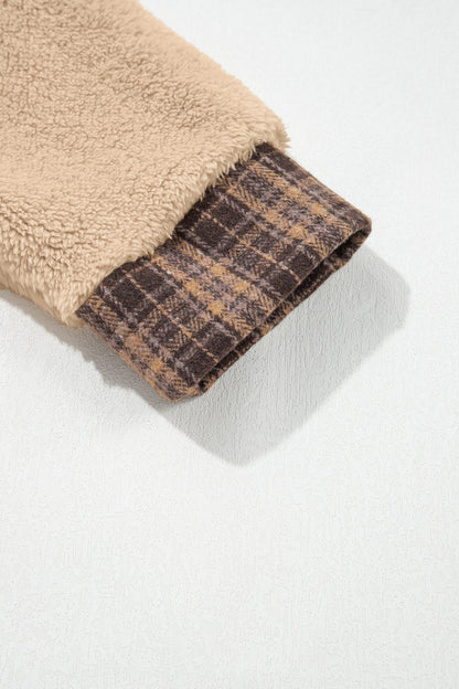 Light French Beige Plaid Collar Button Front Fleece Pullover Sweatshirt