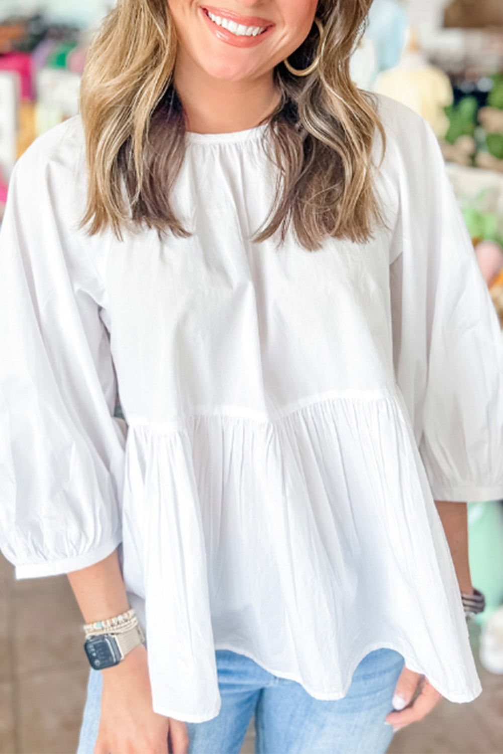 Chemisier blanc à manches 3/4 et découpes dans le dos, coupe ample