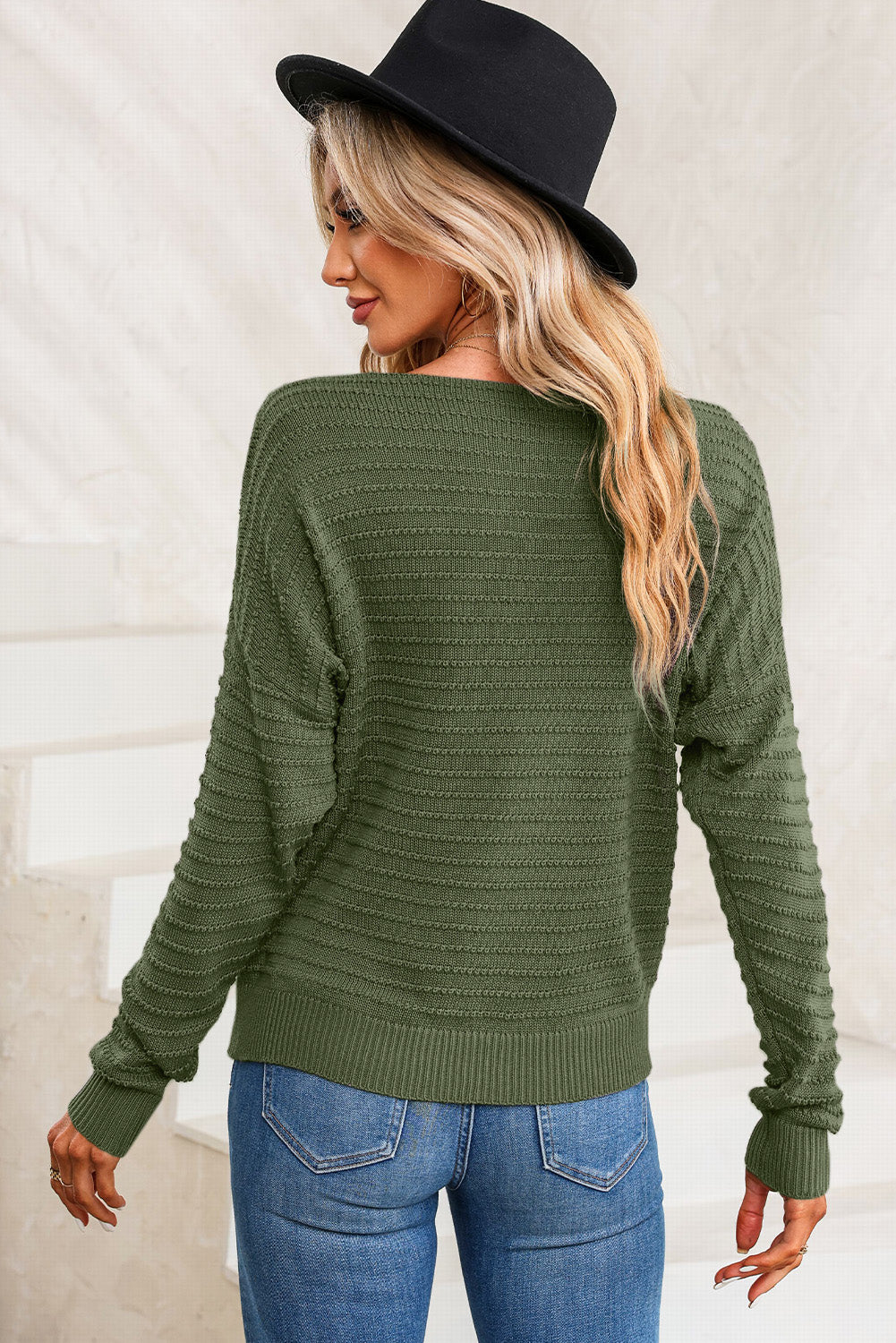 Pull vert texturé à col rond et manches dolman