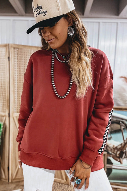 Mineral Red Checkered Trim Long Sleeve Round Neck Shift Sweatshirt