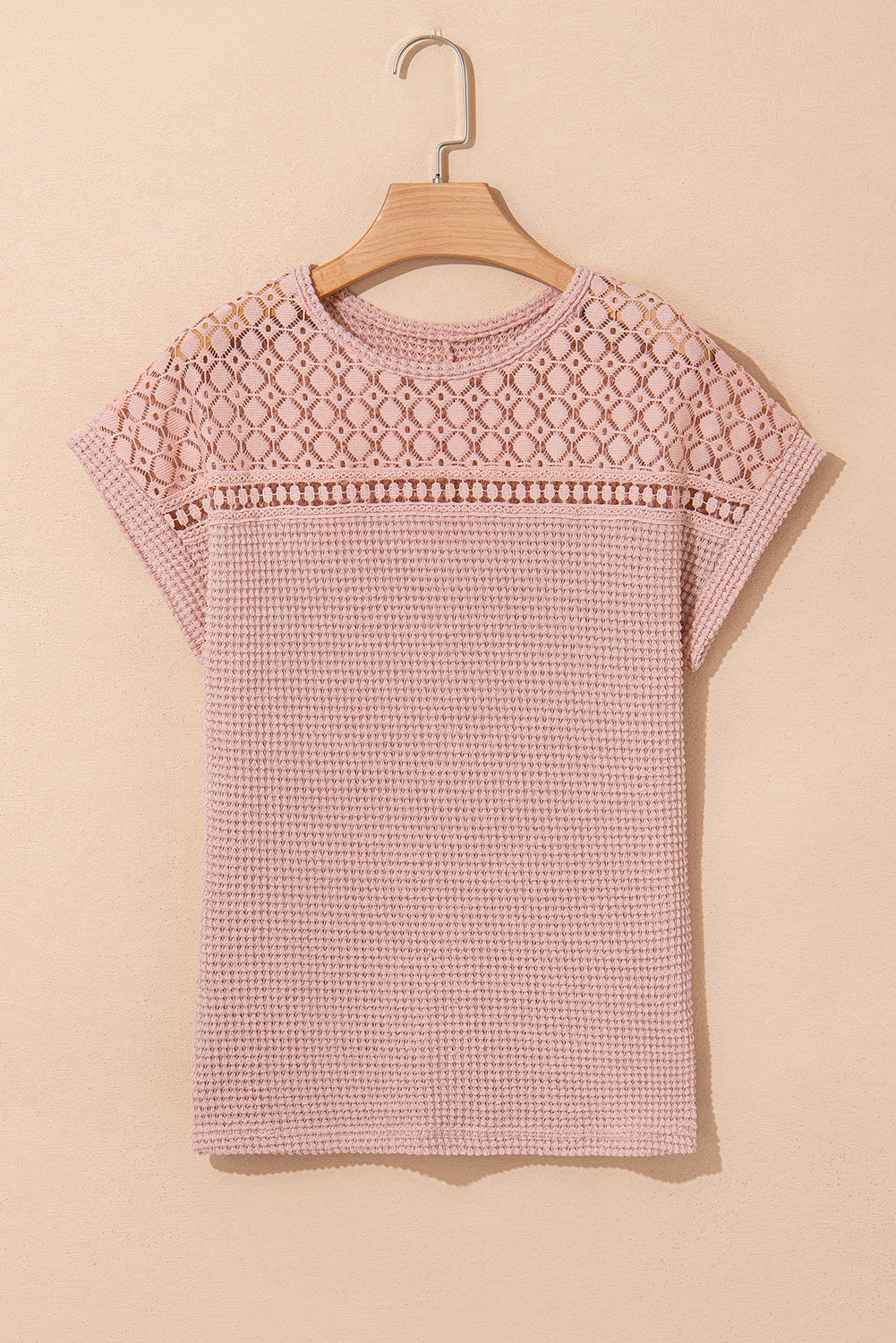 Light Pink Lace Patchwork Waffle Short Sleeve Top