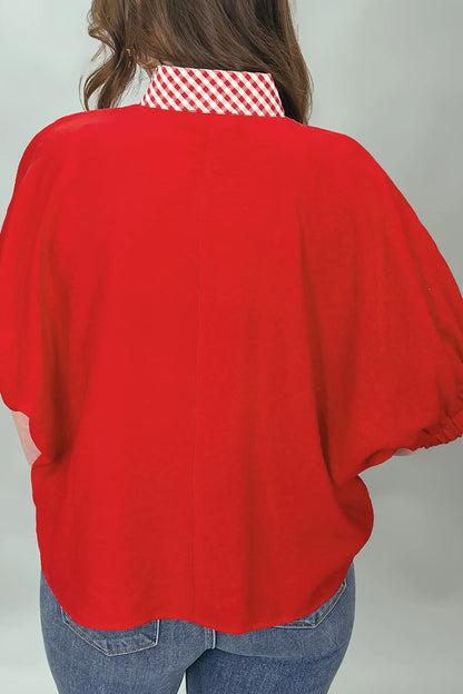 Red V Neck Plaid Collar Short Sleeve Tunic Blouse