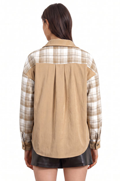 Light French Beige Plaid Colorblock Shirt Collar Shift Shacket