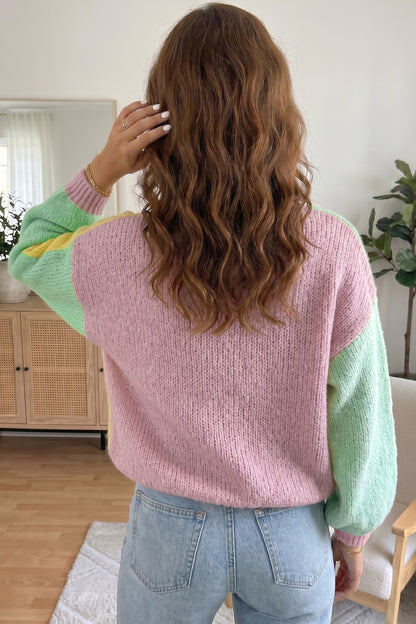 Yellow V Neck Drop Shoulder Patchwork Regular Wash Knitwear Cardigan