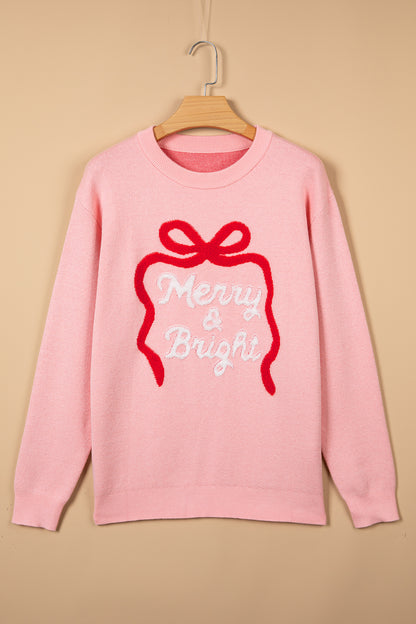 Gossamer Pink Drop Shoulder Round Neck Towel Embroidery Slogan Pullover Sweater