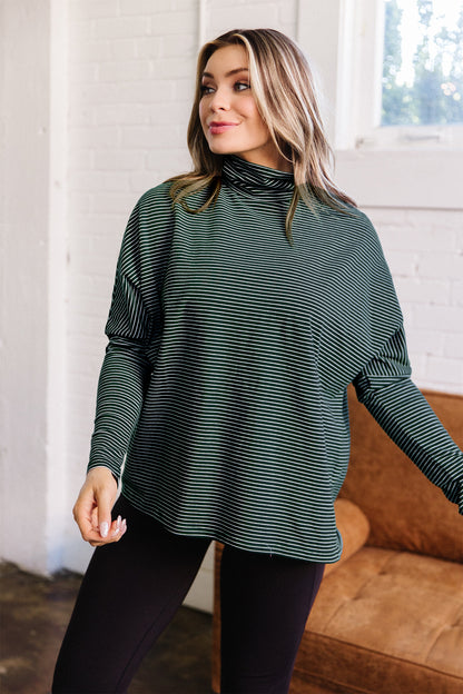 Green Stripe High Neck Dropped Shoulder Long Sleeve Casual Top