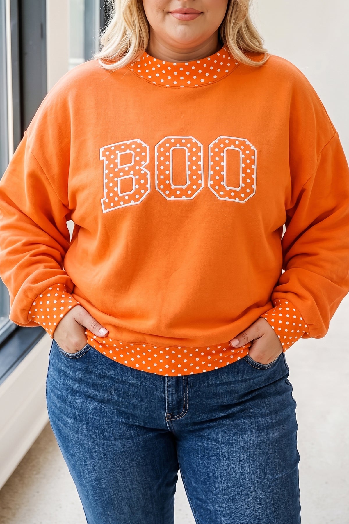 Grapefruit Orange Casual Polka Dot Patchwork Letter Graphic Plus Size Sweatshirt
