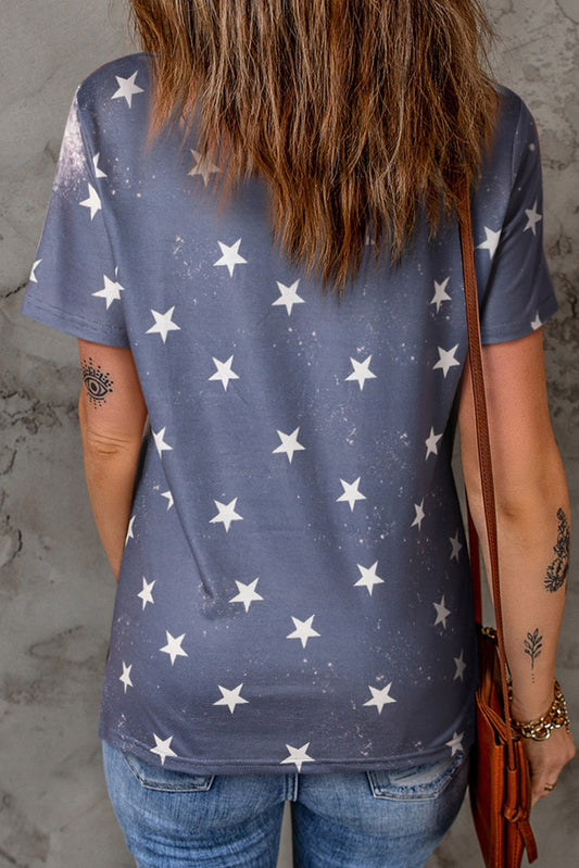 Blue USA Stars Bleached Print Crew Neck T Shirt