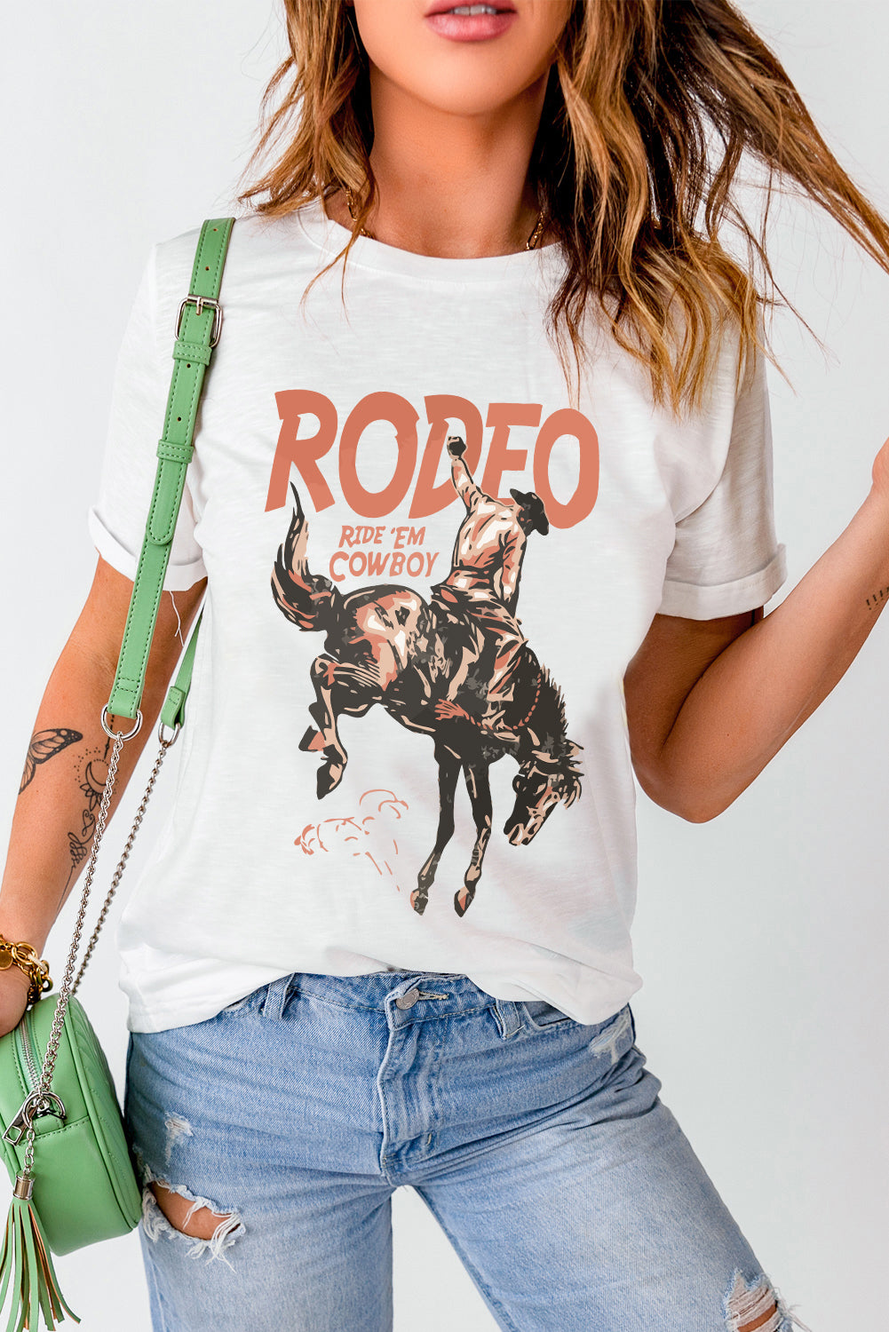 T-shirt blanc à col rond avec imprimé cowboy RODEO