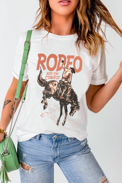 T-shirt blanc à col rond avec imprimé cowboy RODEO