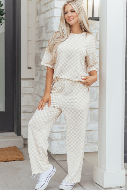 Khaki Checkered Print Half Sleeve Tee 2pcs Lounge Pant Set