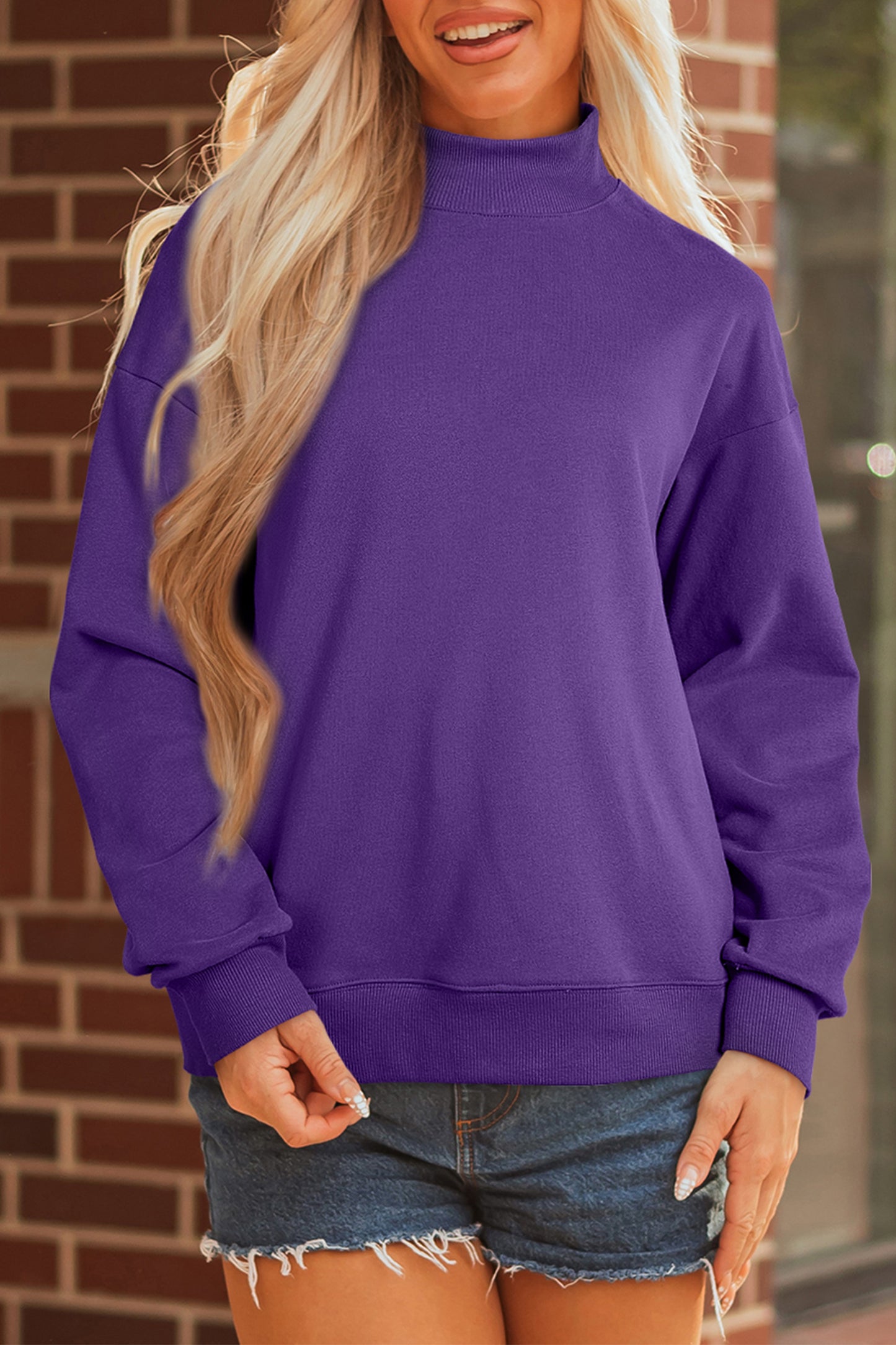Tillandsia Purple Solid Color Oversized Mock Neck Sweatshirt