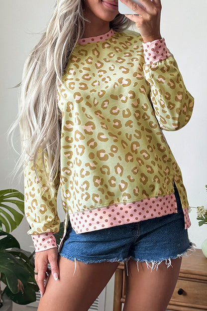 Khaki Leopard Polka Dot Colorblock Trim Long Sleeve Top