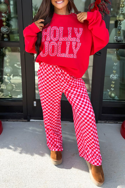 Red Christmas Slogan Graphic Plaid Contrast Two-piece Pant Set