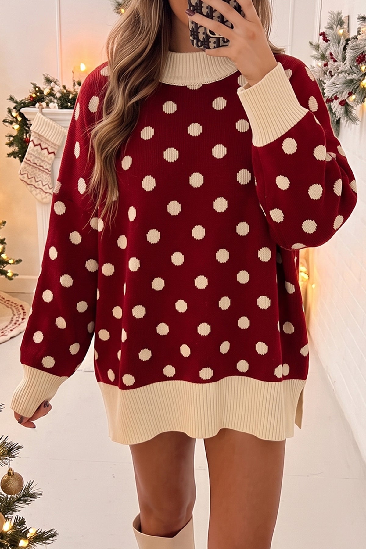 Red Polka Dot Pattern Ribbed Colorblock Trim Split Tunic Sweater