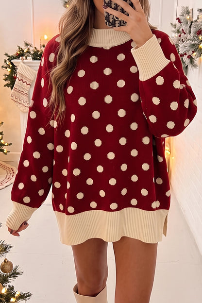 Red Polka Dot Pattern Ribbed Colorblock Trim Split Tunic Sweater