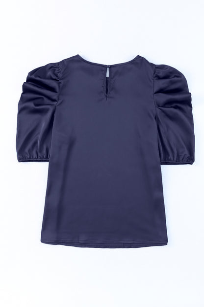 Ruched Puff Short Sleeve Satin Blouse