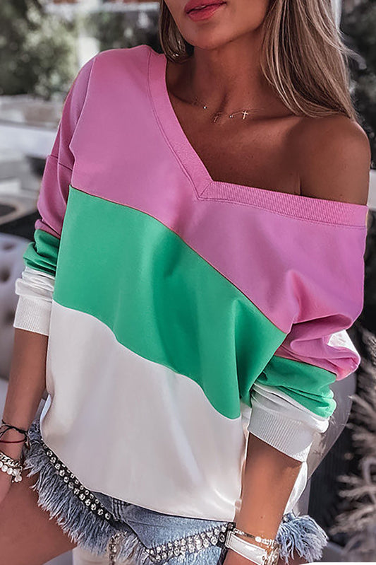 Sweat-shirt patchwork rose côtelé à col en V et blocs de couleurs