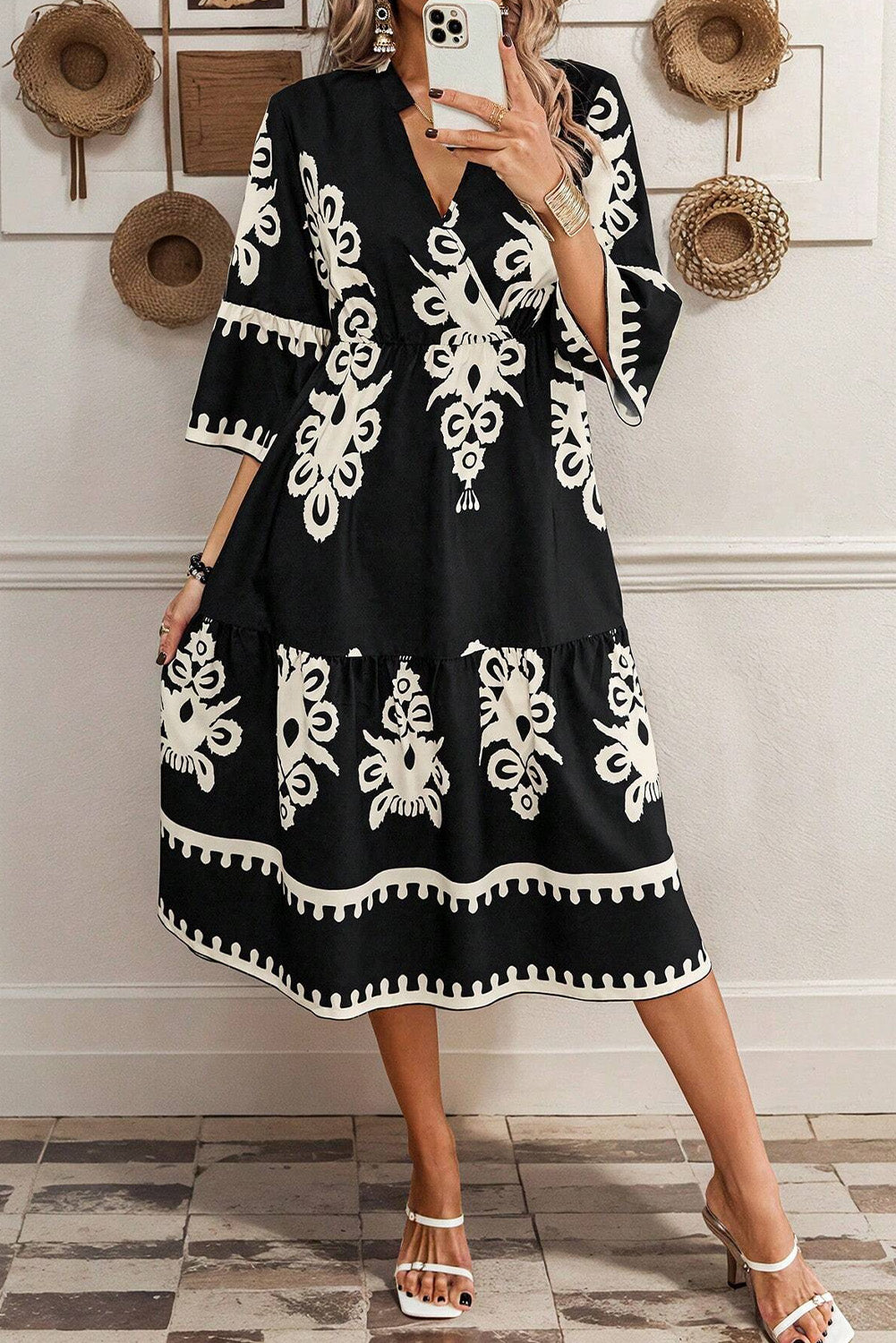 Robe midi ample noire à imprimé géométrique occidental, manches 3/4