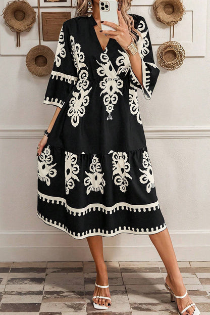 Robe midi ample noire à imprimé géométrique occidental, manches 3/4
