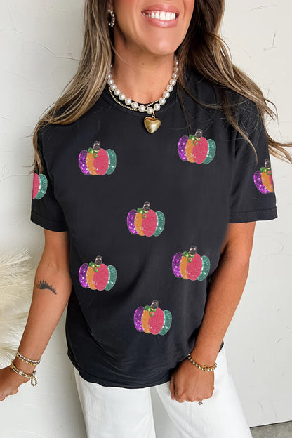 Black Sequined Pumpkin Graphic Round Neck Casual T Shirt