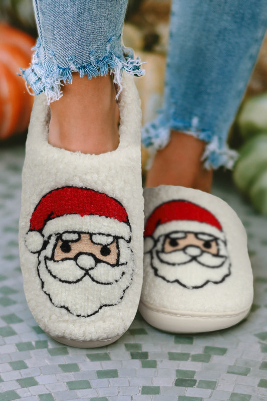 Pantuflas de felpa con estampado navideño de Papá Noel en color blanco 