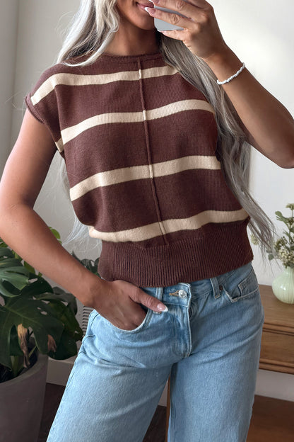 Brown Stripe Knit Western Short Sleeve Sweater