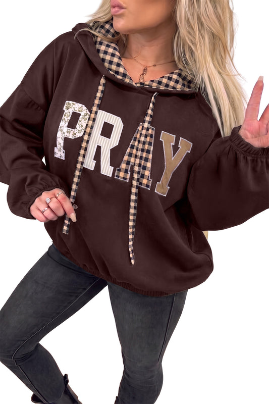 Chicory Coffee PRAY Mix Pattern Letter Graphic Plaid Contrast Drawstring Hoodie