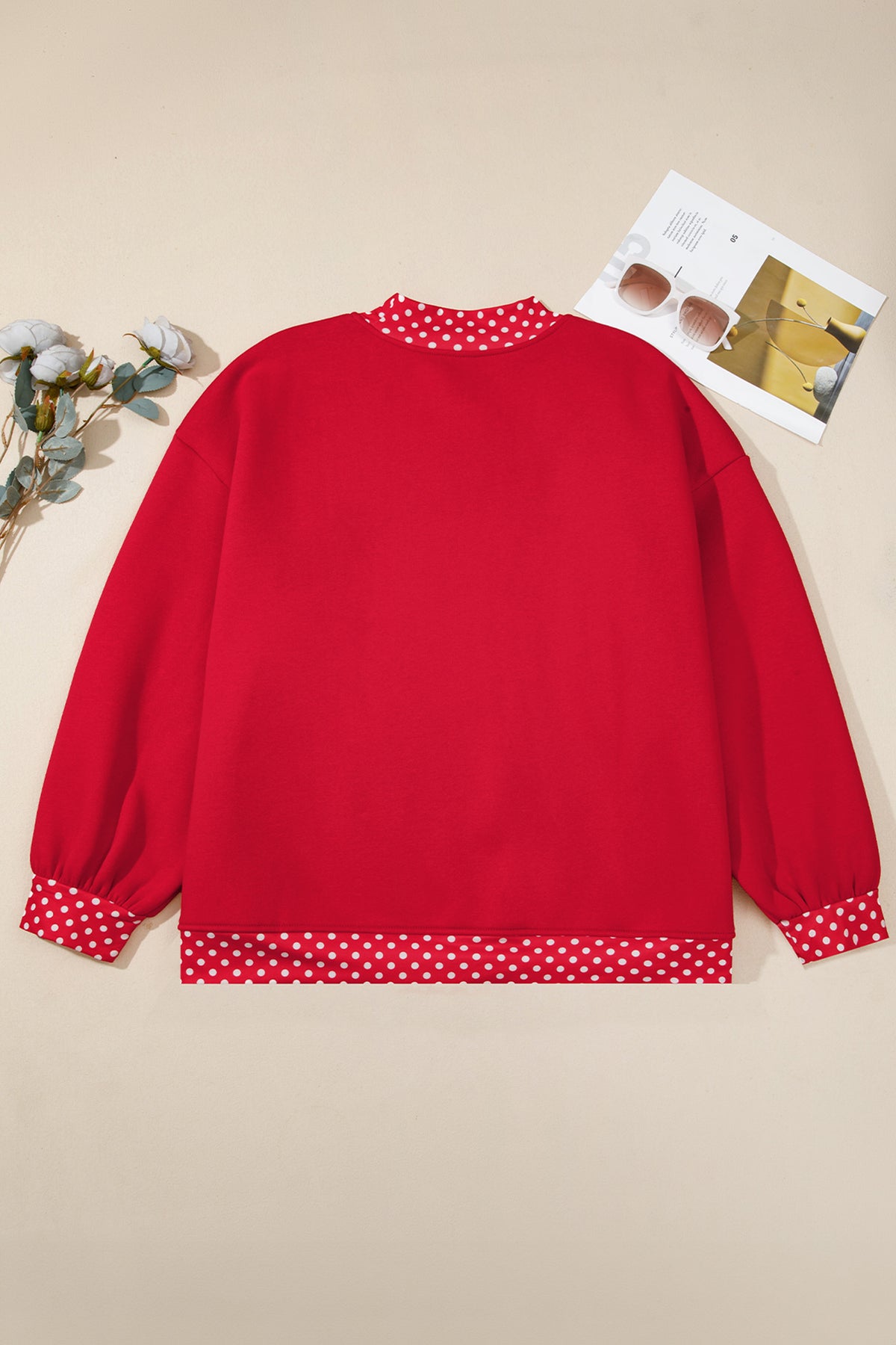 Red Polka Dot Patchwork Round Neck Plus Size Sweatshirt