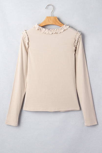 Beige Solid Color Round Neck Frill Detail Long Sleeve Top