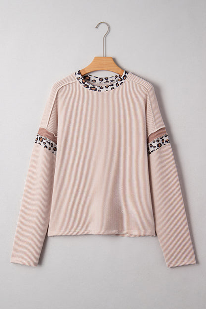 Beige Twist Ribbed Leopard Color Block Detail Drop Shoulder Long Sleeve Top