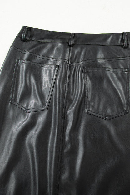 Black Faux Leather Side Slit Maxi Skirt