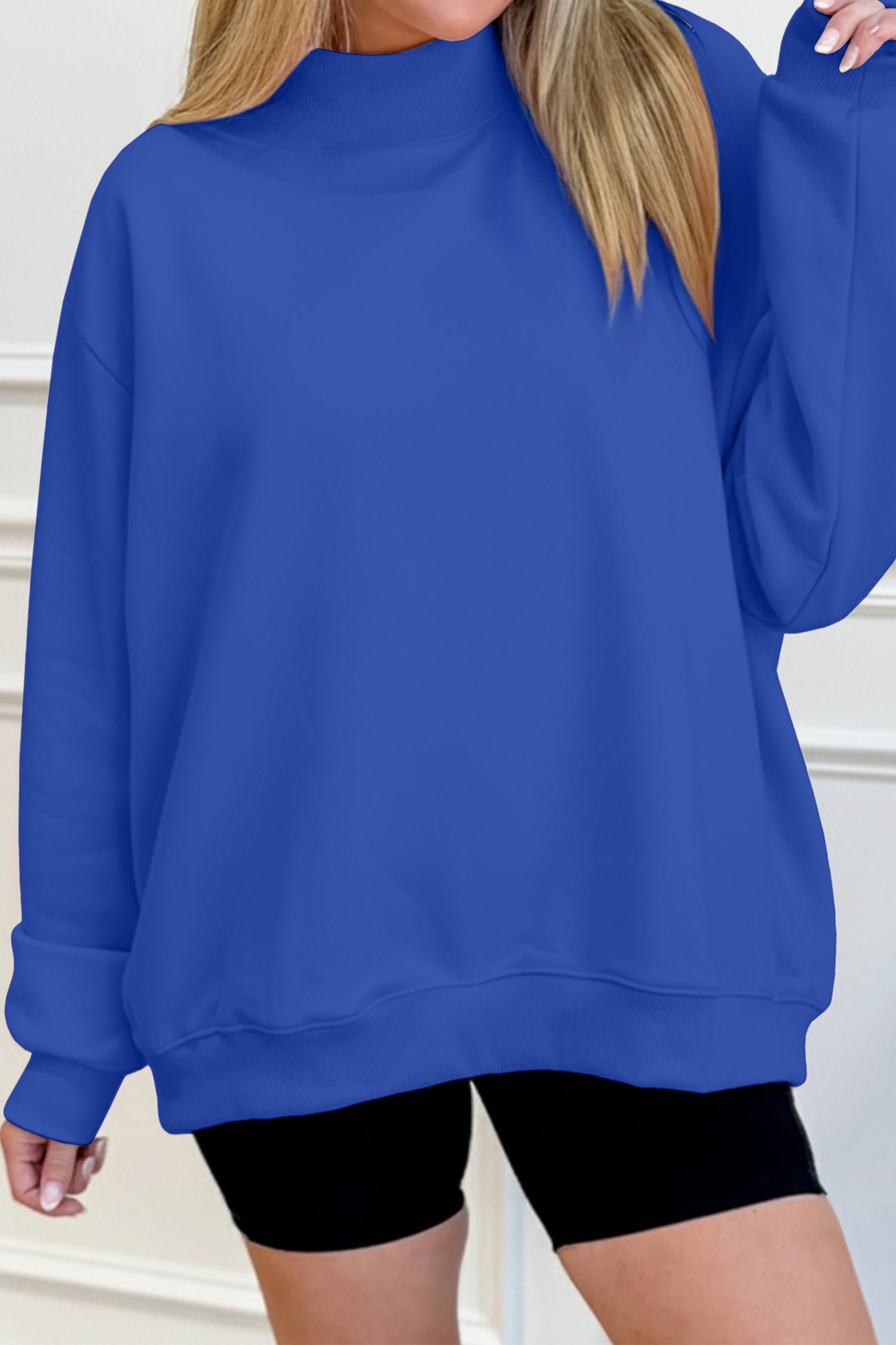Dark Blue Solid Color Oversized Mock Neck Sweatshirt