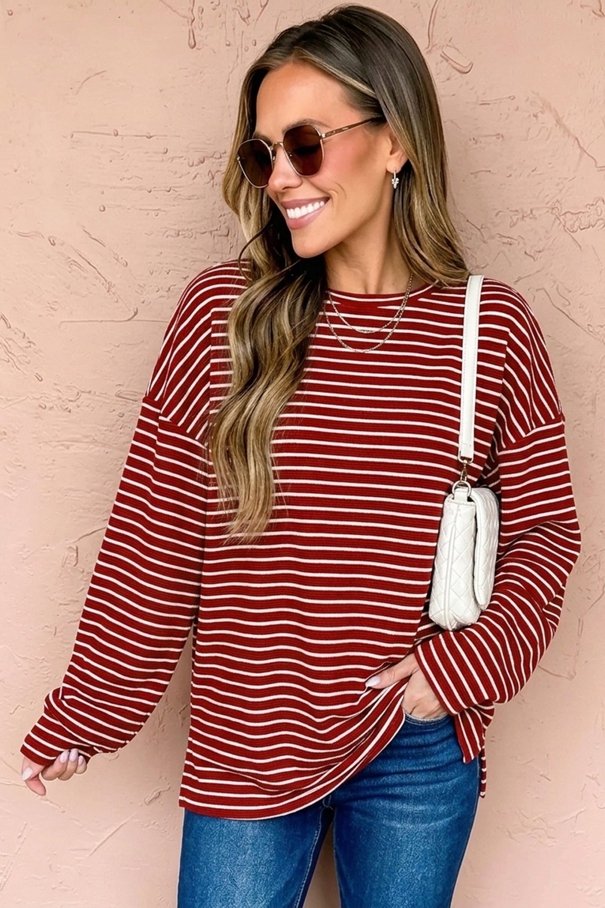 Red Stripe Drop Shoulder Long Sleeve Top