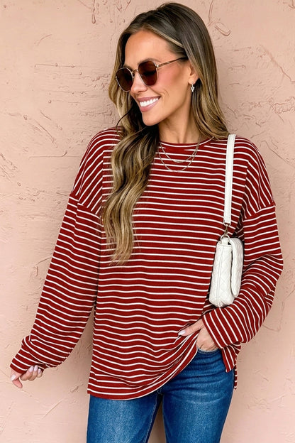 Red Stripe Drop Shoulder Long Sleeve Top