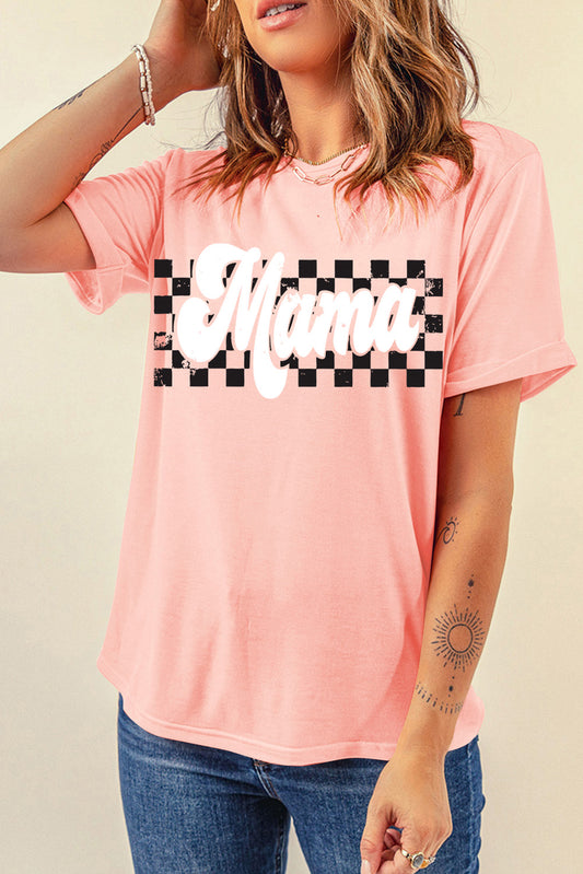 Pink Mama Checkered Print O Neck Casual T Shirt