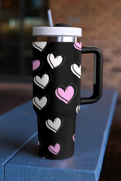 Black Valentines Heart Printed Thermos Cup with Handle