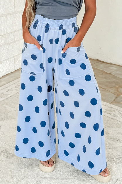 Sky Blue Polka Dot Wide Leg Elastic Waist Casual Pants
