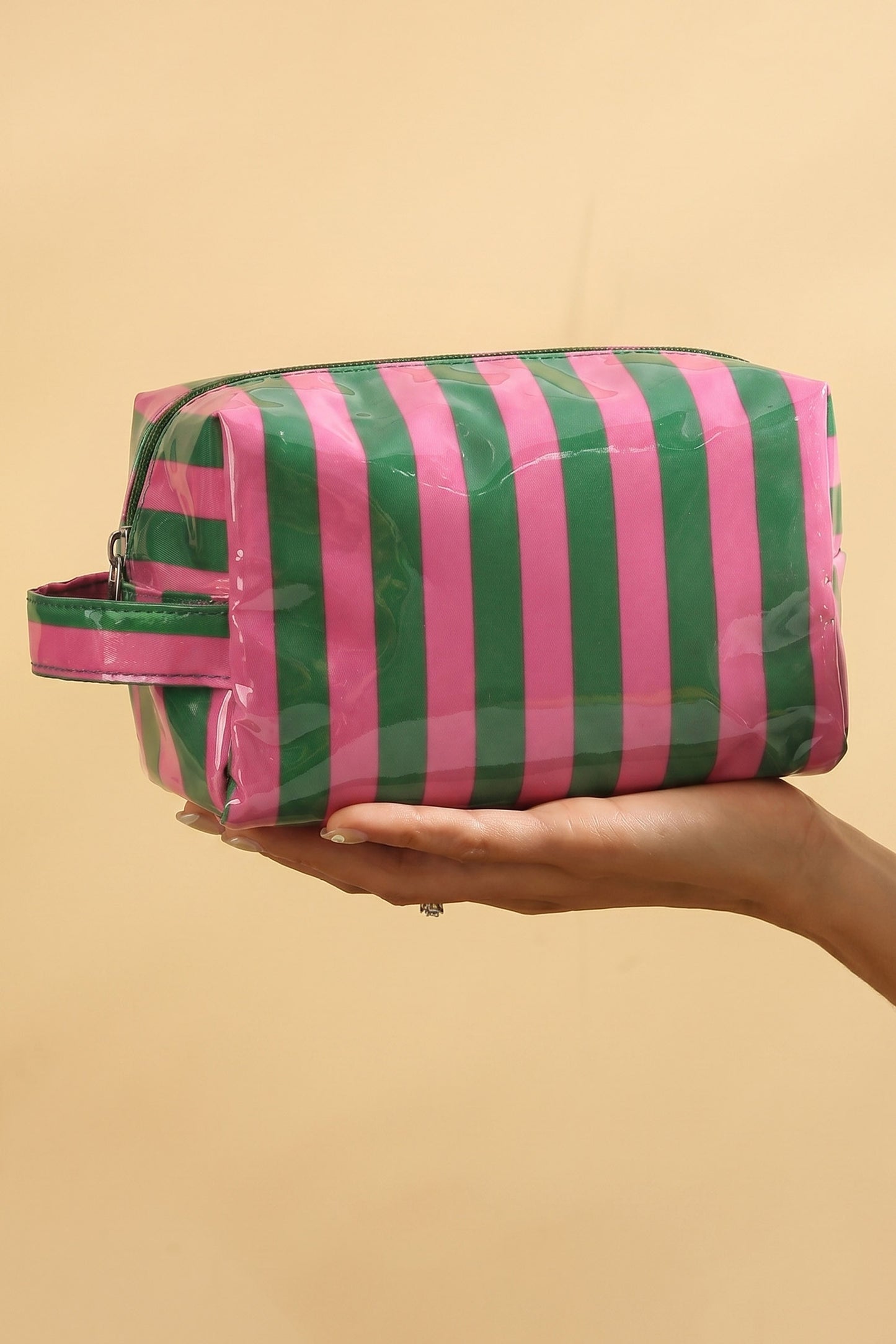 Dark Green PVC Striped Cosmetic Bag Durable Zipper Handle Travel Organizer